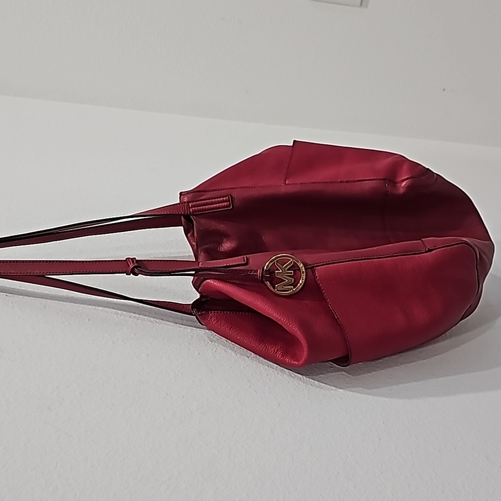 Michael Kors Large Pebbled Red Leather Handbag Tote Spacious - Picture 7 of 12